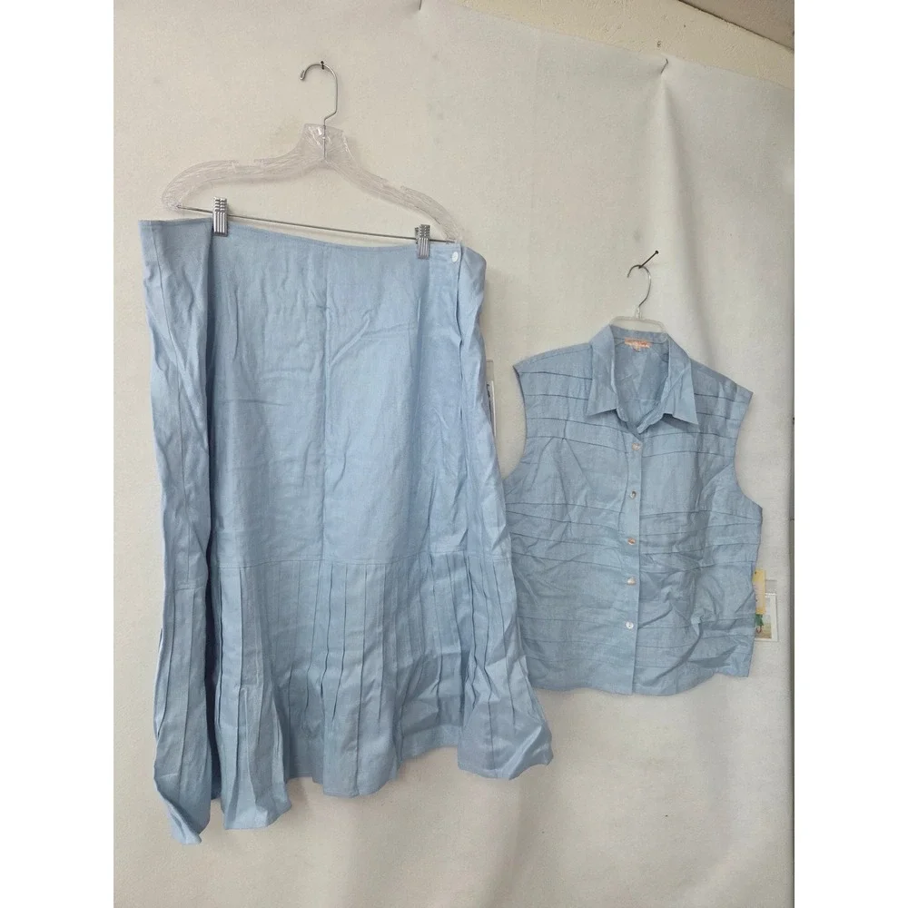 J Song Way Linen Skirt Set Women 18 Light Blue Pleated Sleeveless Button Top Vtg